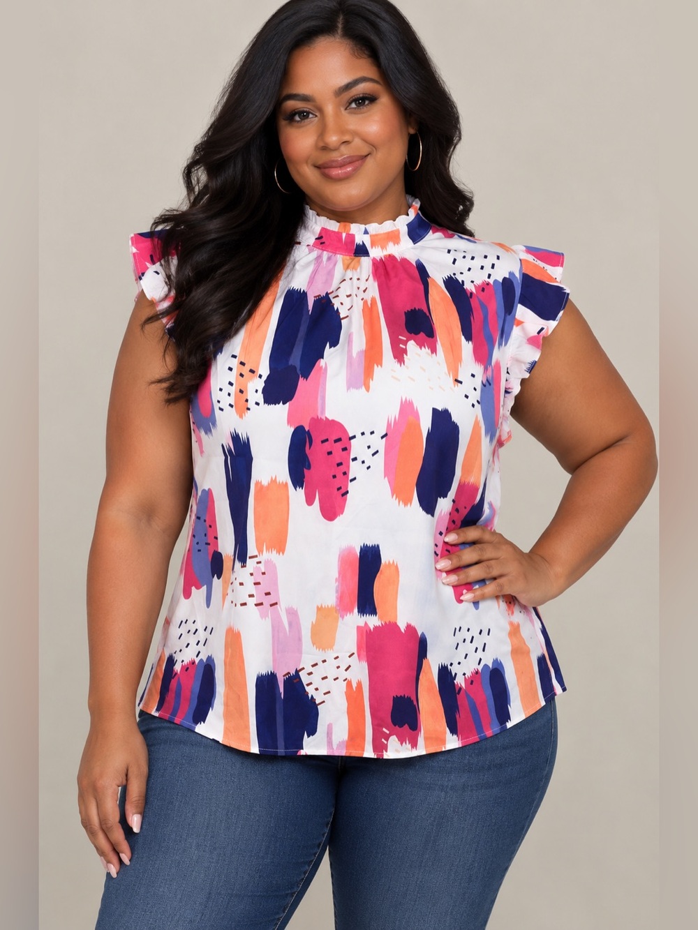 Mock Neck Flutter Sleeve Blouse in White with Navy, Pink & Orange Brushstrokes